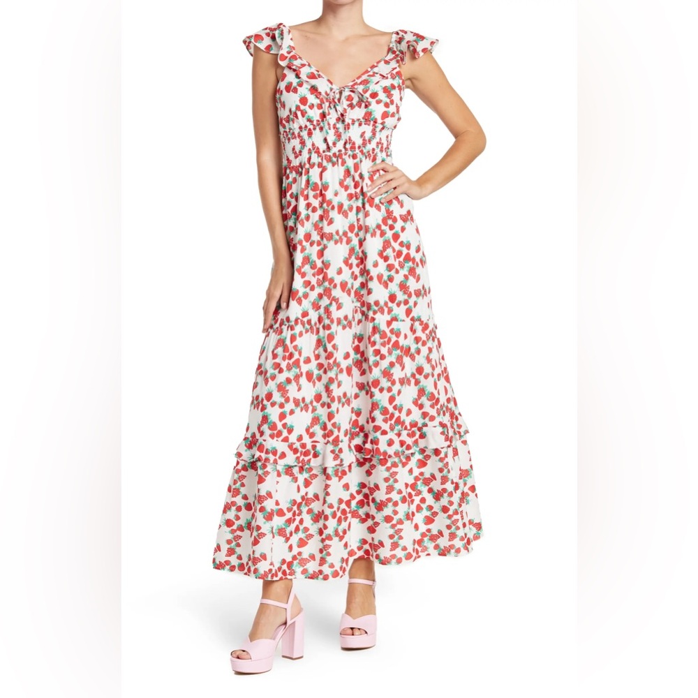 Betsey Johnson Strawberry Raspberry Fruit Print Maxi Dress